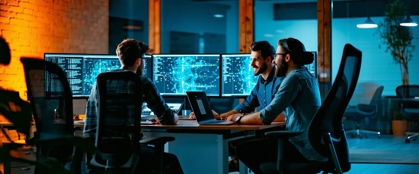 Small engineering team collaborating around laptops in a modern Austin office with warm lighting and code visible on monitors