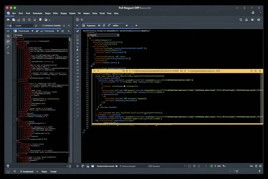 Code review diff view with an inline code suggestion patch highlighted, showing before and after code blocks in dark editor UI